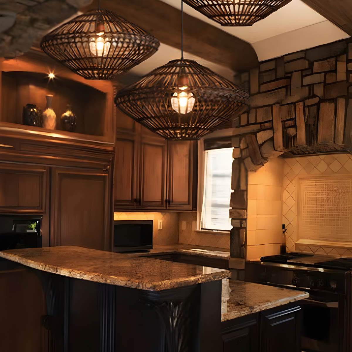 Rattan & iron pendant light, Ø 56 cm, E27 LED included