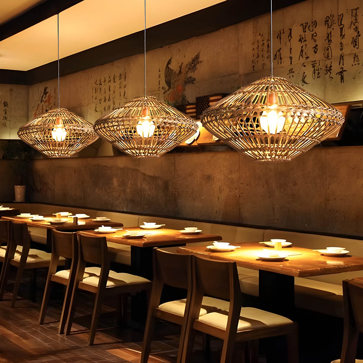 Rattan & iron pendant light, Ø 56 cm, E27 LED included