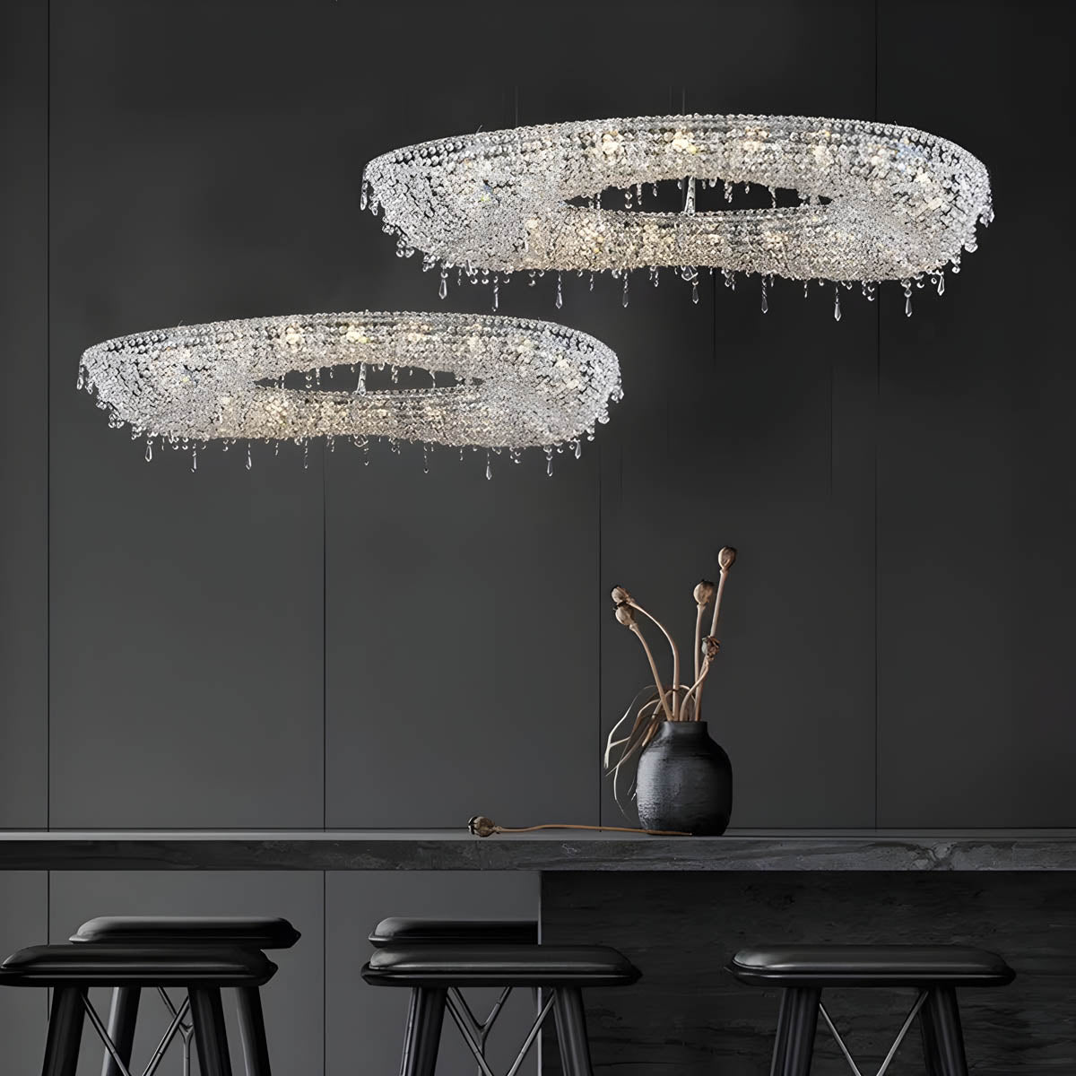 Polished Steel & Crystal LED Pendant Chandelier LUXEIRA