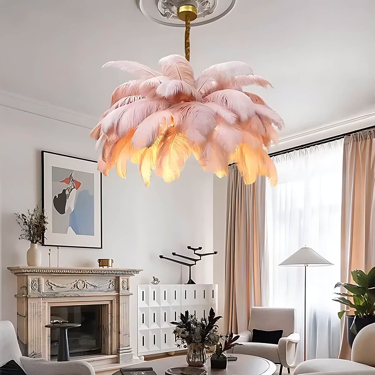 Pendant light with ostrich feathers & iron frame