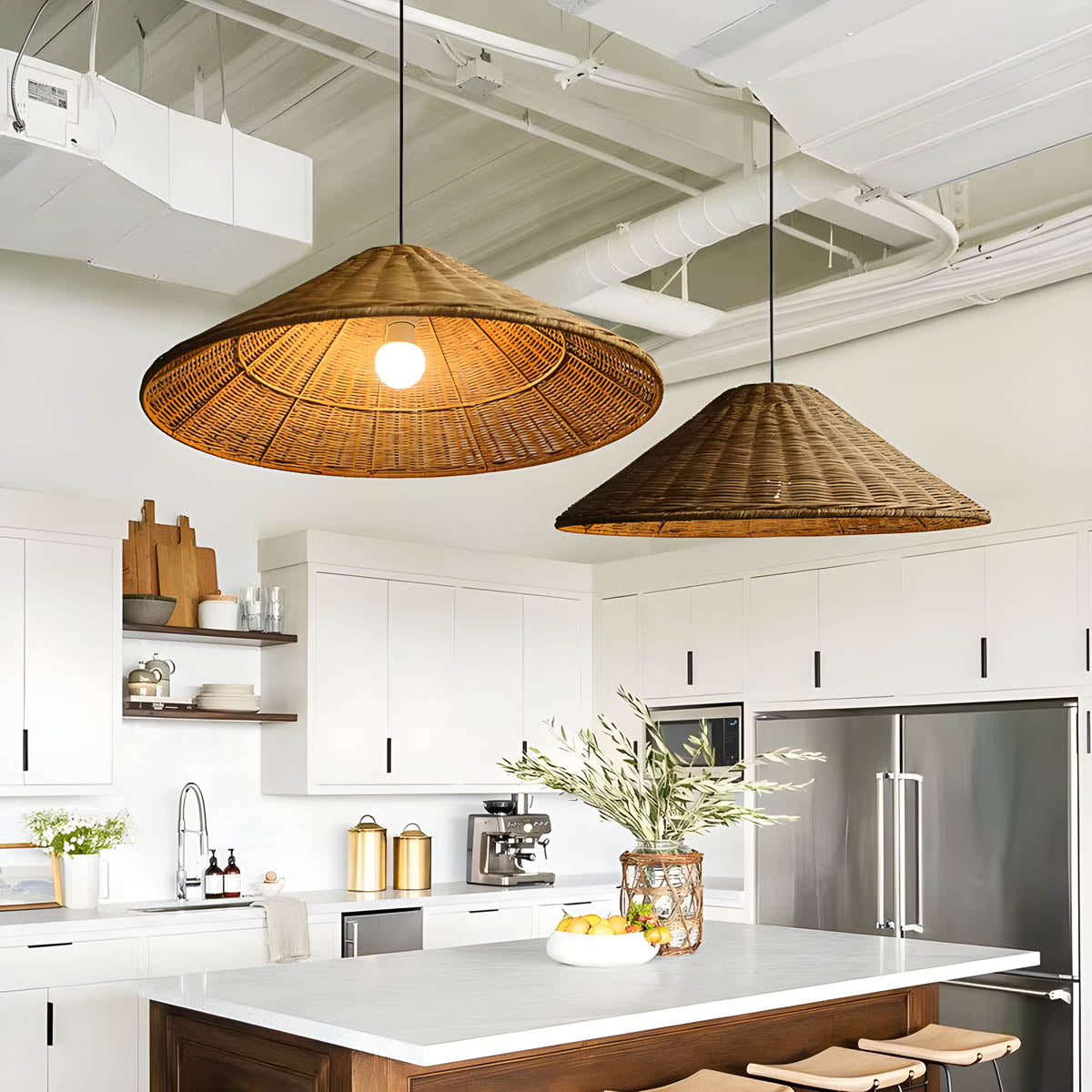 Conical hand-woven rattan & iron pendant light