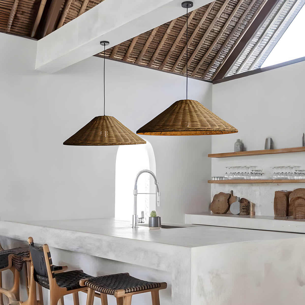 Conical hand-woven rattan & iron pendant light