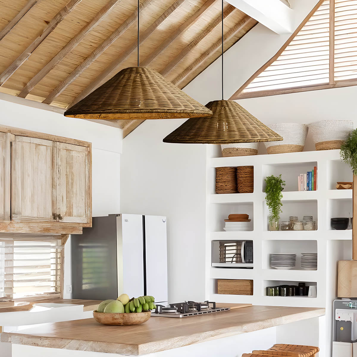 Conical hand-woven rattan & iron pendant light