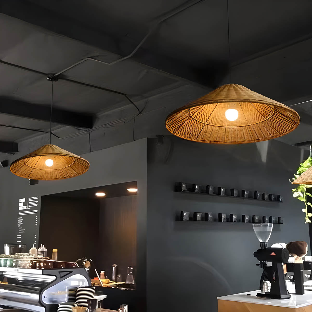 Conical hand-woven rattan & iron pendant light