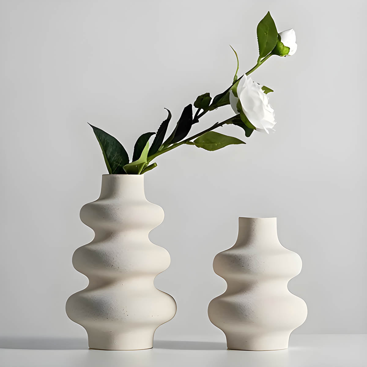 Matte Ivory Wave Ceramic Vase, Small / Large or Duo Set — Sculptural Organic Accent Piece