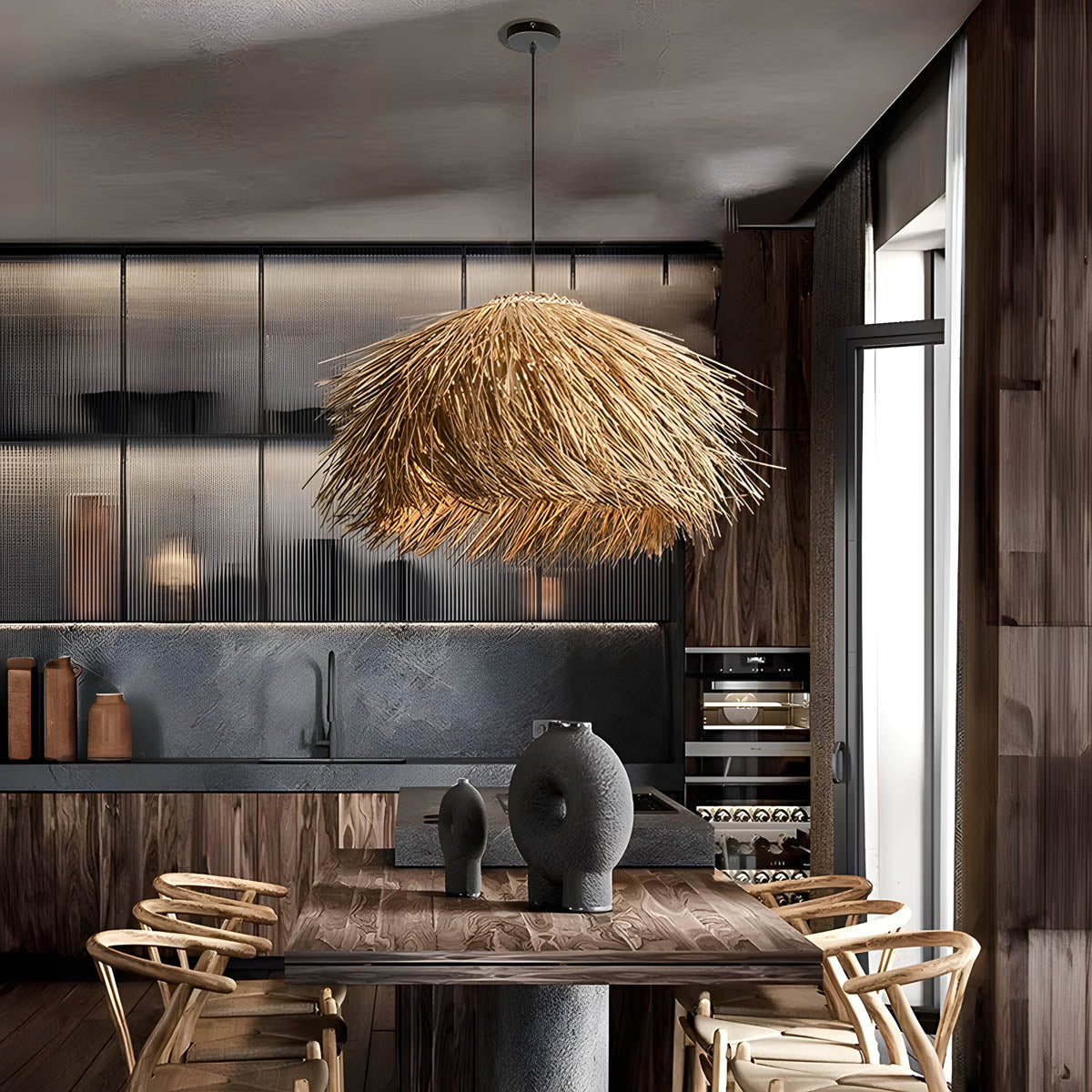 Hand-woven rattan & iron pendant light, statement piece