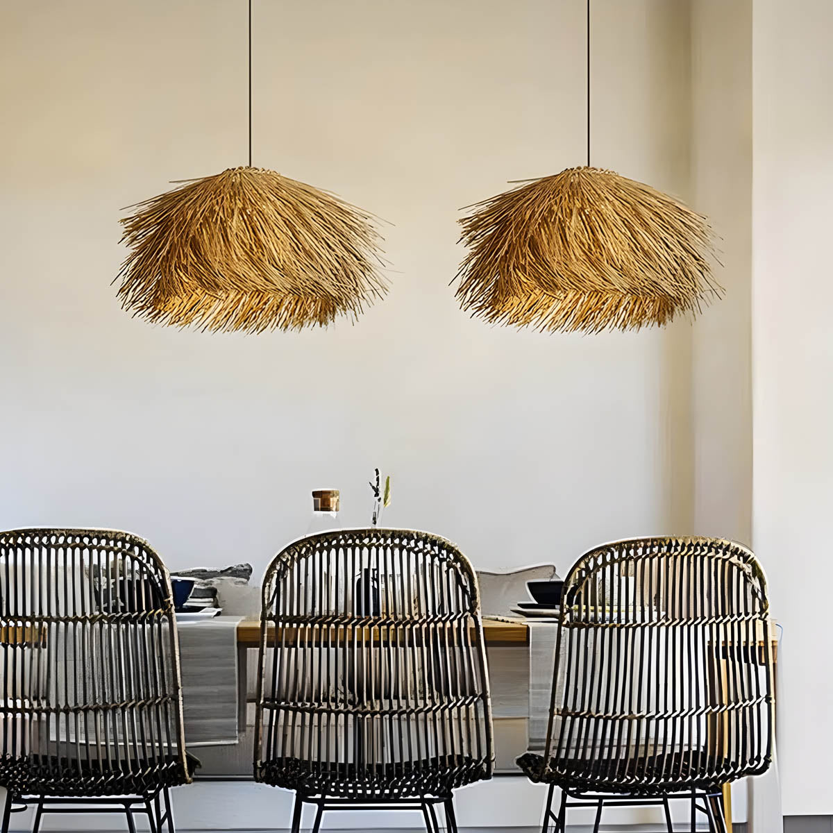 Hand-woven rattan & iron pendant light, statement piece