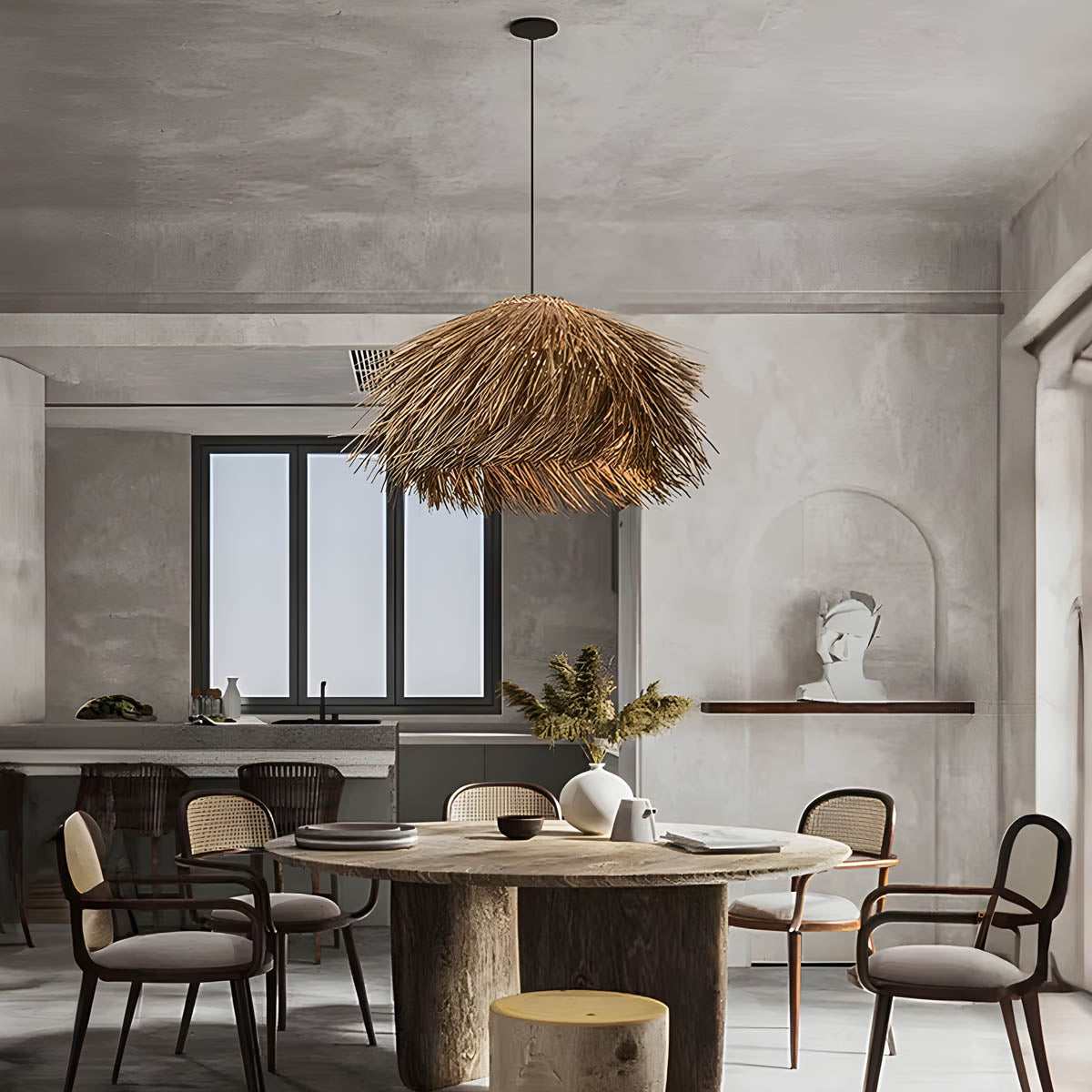 Hand-woven rattan & iron pendant light, statement piece