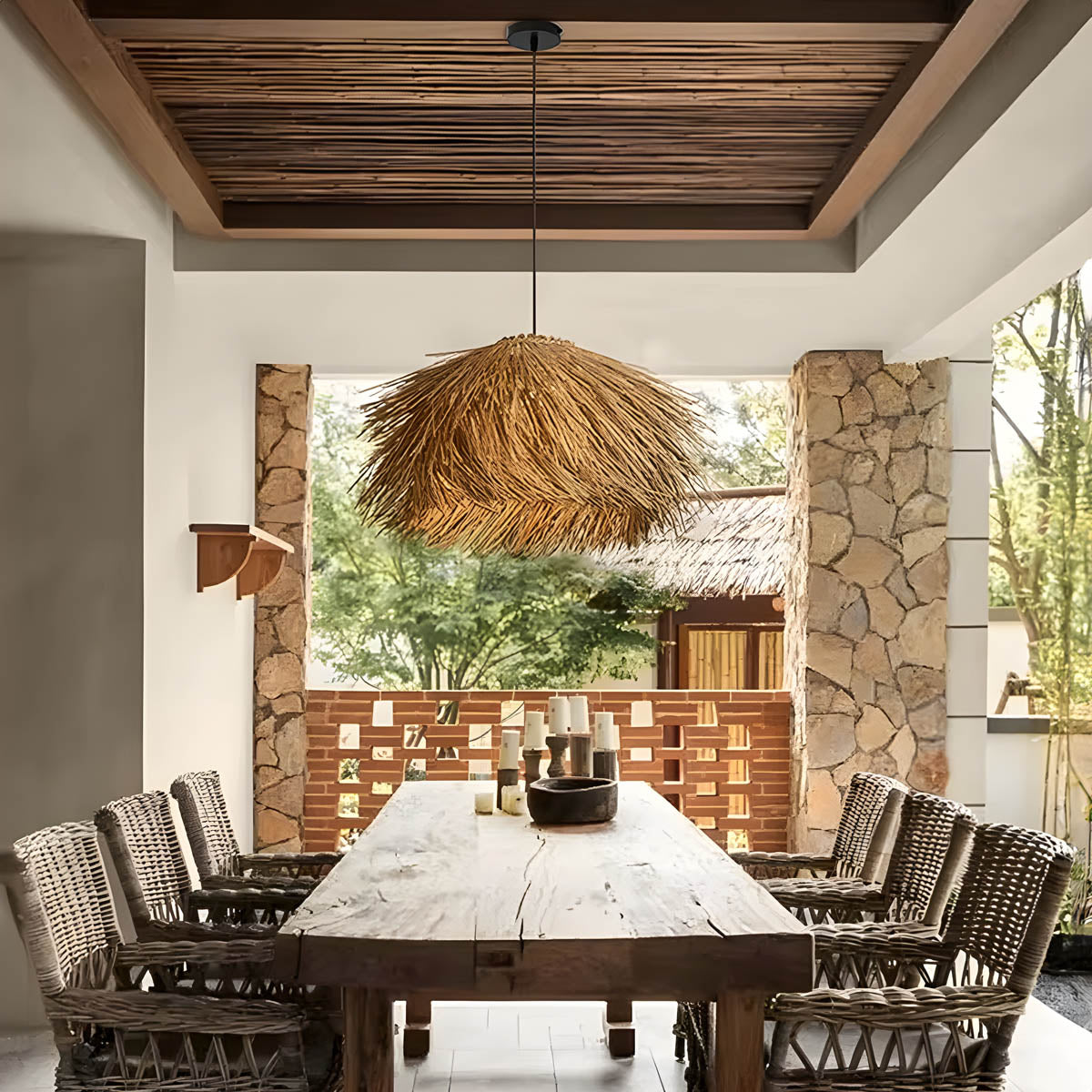 Hand-woven rattan & iron pendant light, statement piece