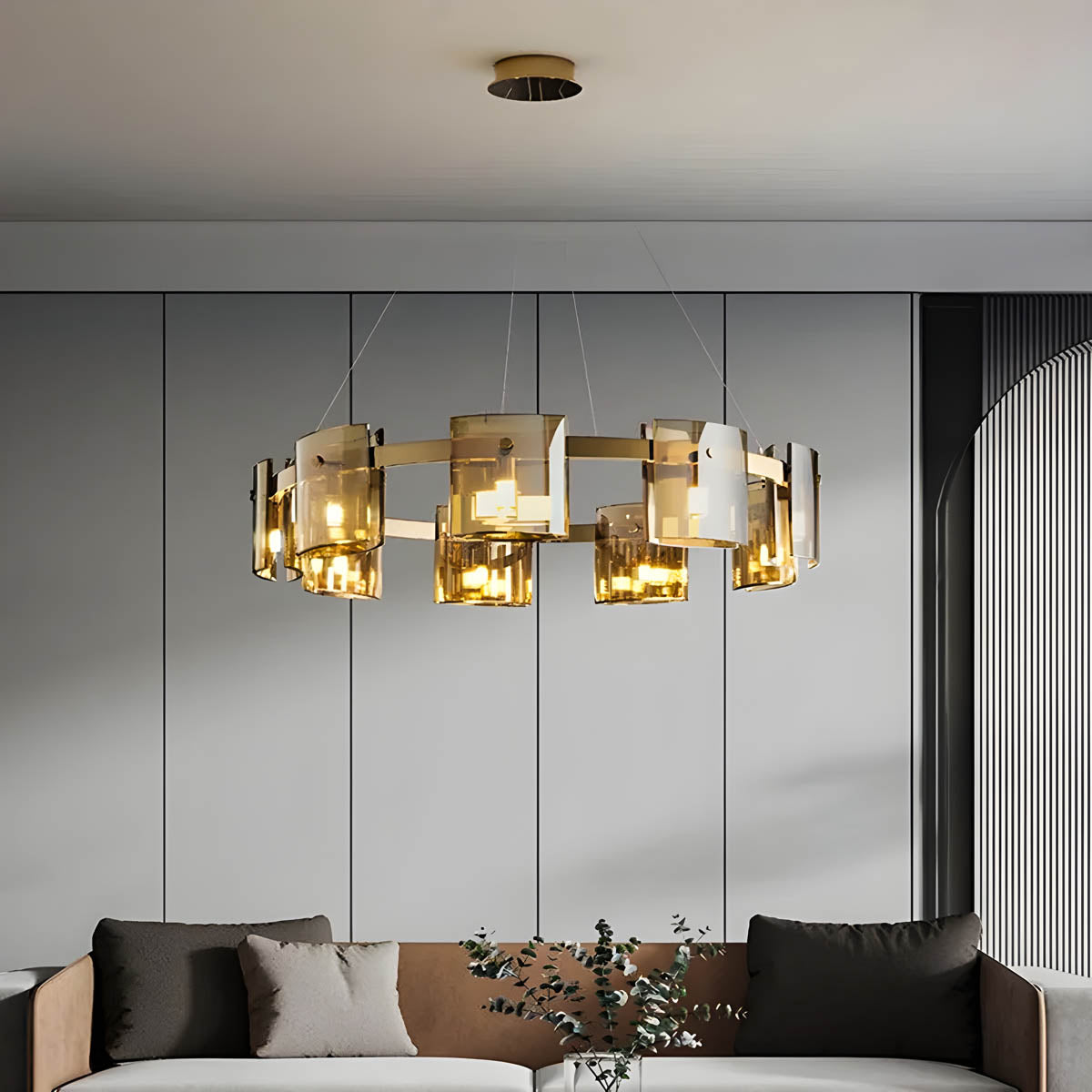 Round & Bar G9 LED Chandelier 60-140 cm, Amber & Smoky Glass