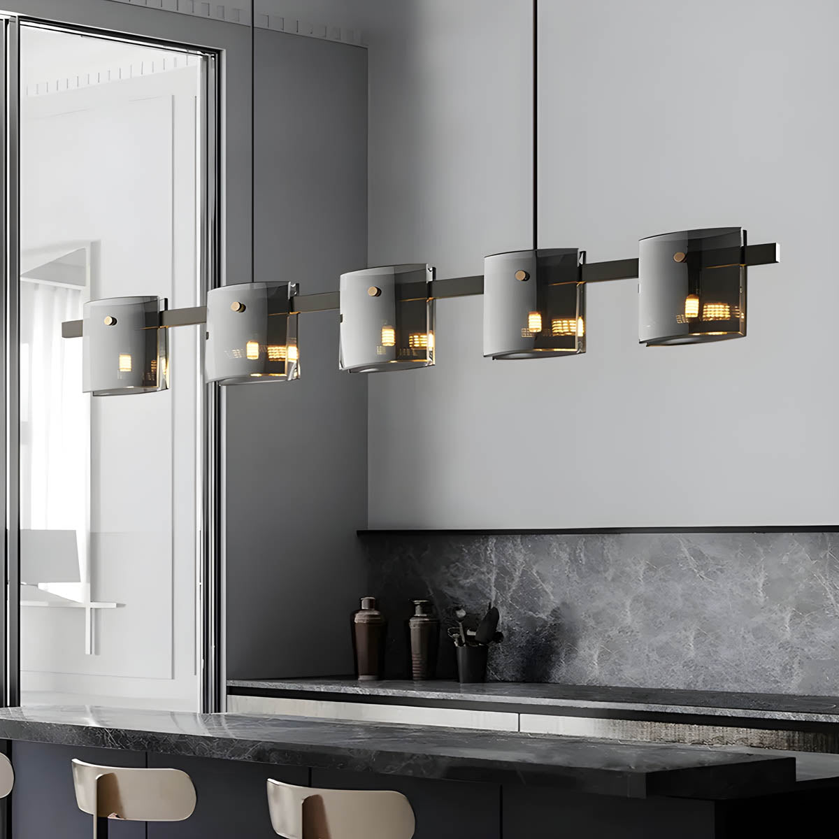 Round & Bar G9 LED Chandelier 60-140 cm, Amber & Smoky Glass