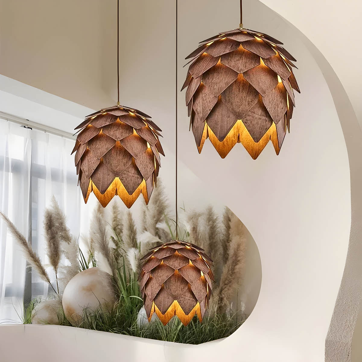 Layered natural wood pendant light, pine-cone silhouette
