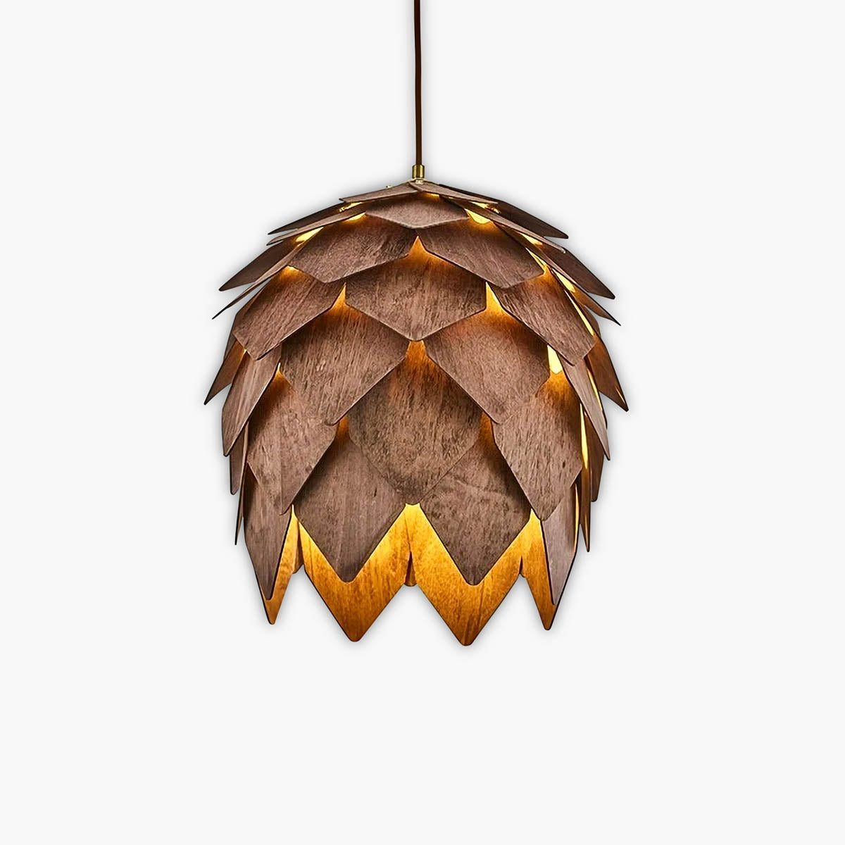 Layered natural wood pendant light, pine-cone silhouette