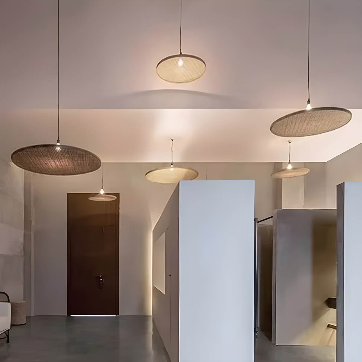 Hand-woven bamboo pendant light, wide circular shade