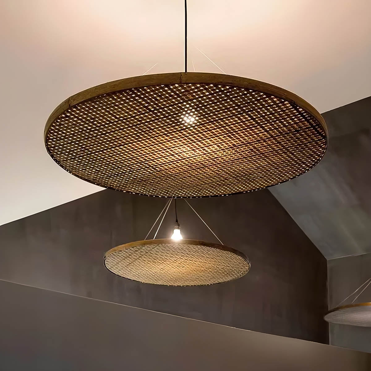 Hand-woven bamboo pendant light, wide circular shade