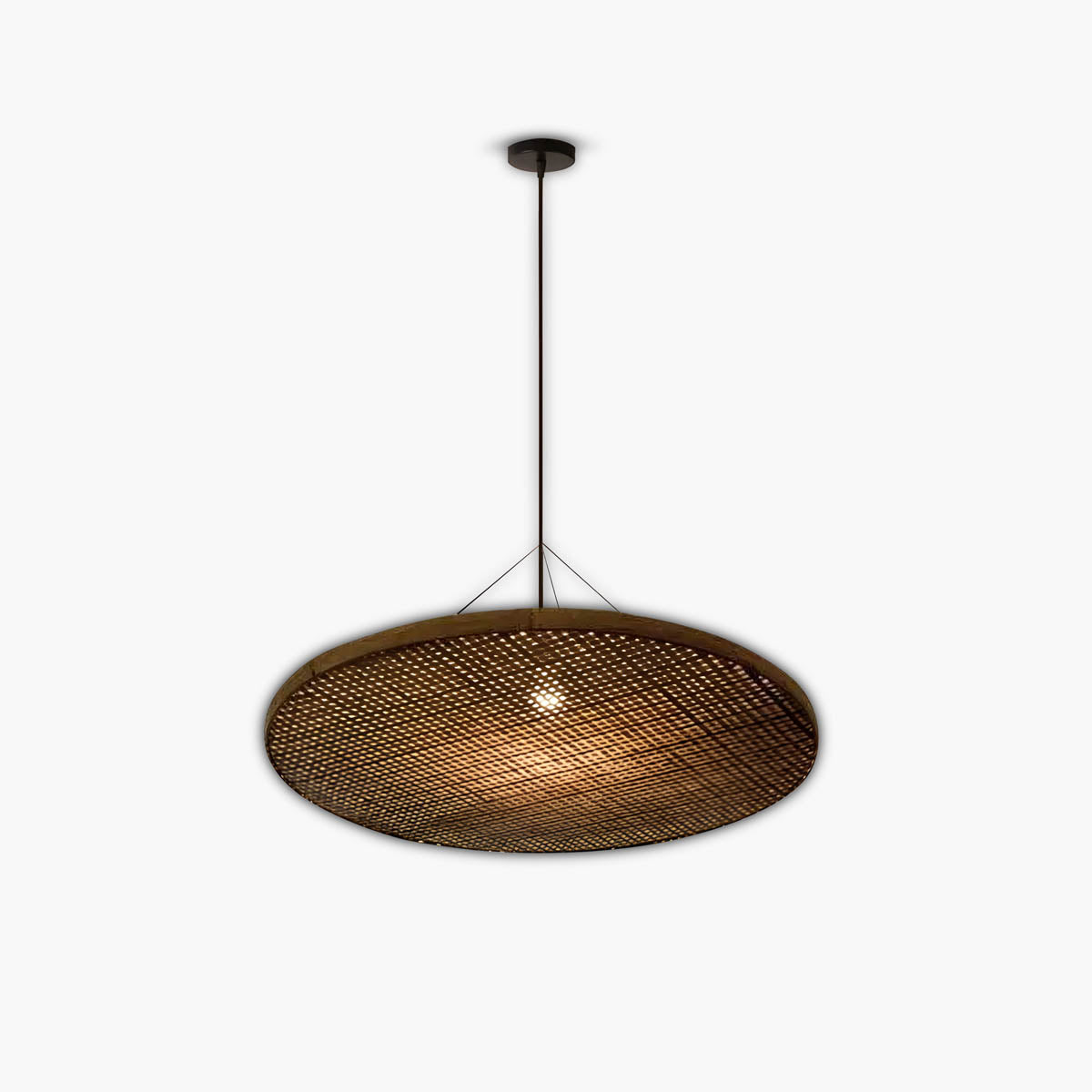 Hand-woven bamboo pendant light, wide circular shade