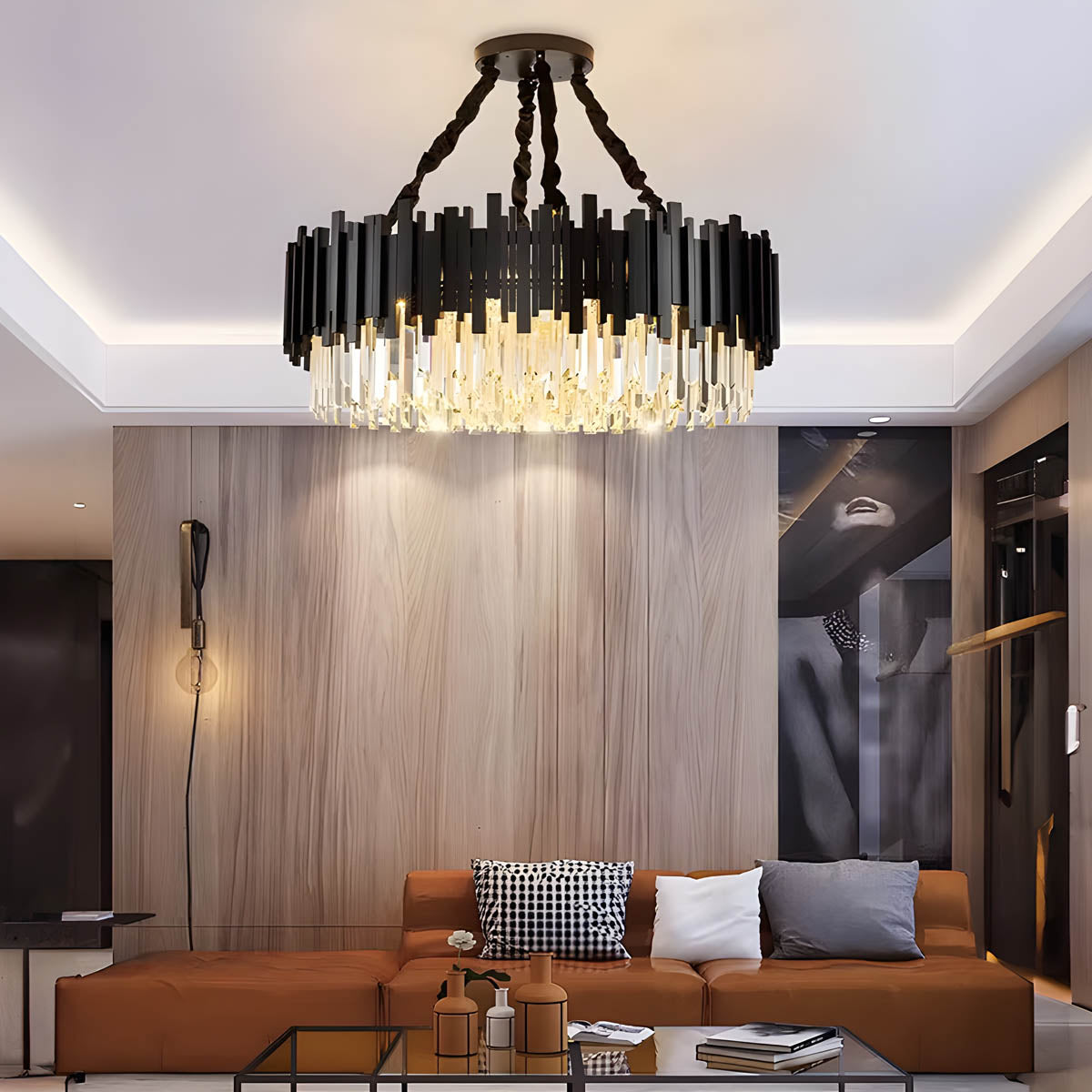 Crystal Prism Semi-Flush LED Chandelier, Gothic Iron Frame — Luxurious Statement Light