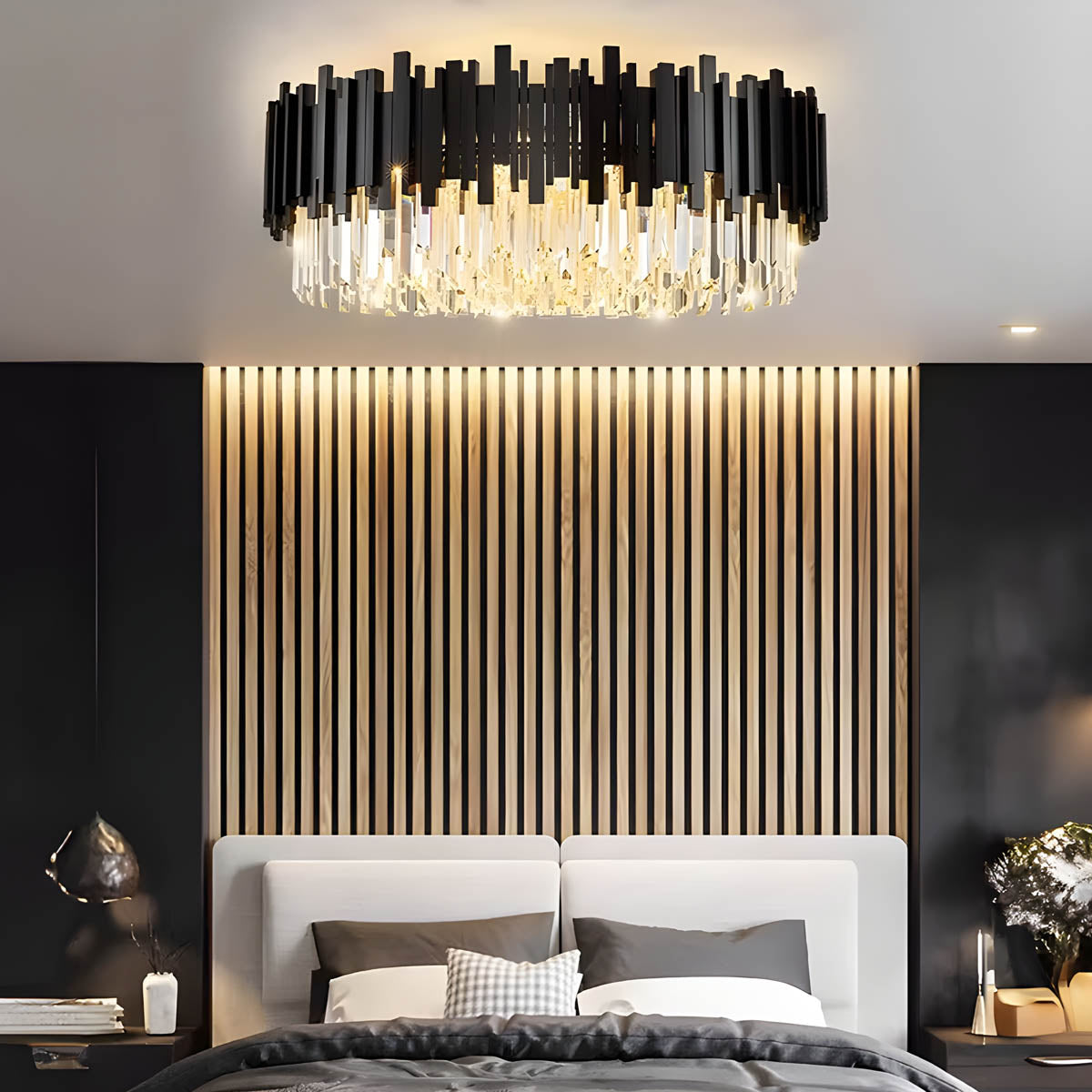 Crystal Prism Semi-Flush LED Chandelier, Gothic Iron Frame — Luxurious Statement Light