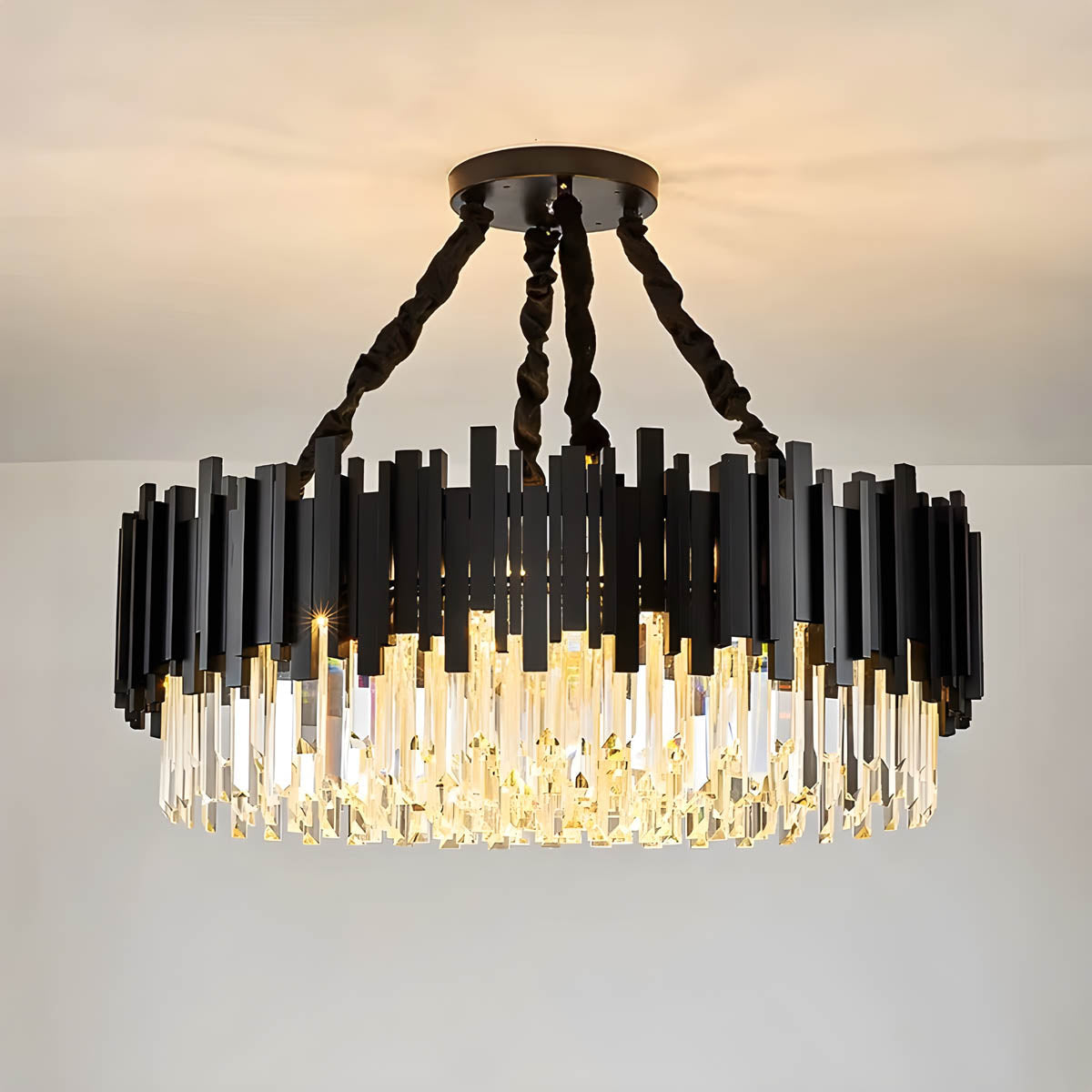 Crystal Prism Semi-Flush LED Chandelier, Gothic Iron Frame — Luxurious Statement Light