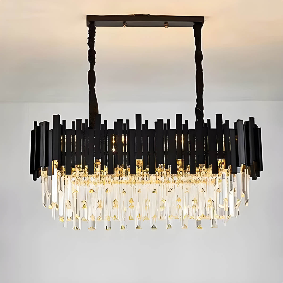 Crystal Prism Semi-Flush LED Chandelier, Gothic Iron Frame — Luxurious Statement Light