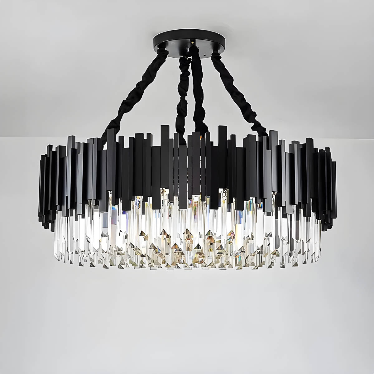 Crystal Prism Semi-Flush LED Chandelier, Gothic Iron Frame — Luxurious Statement Light