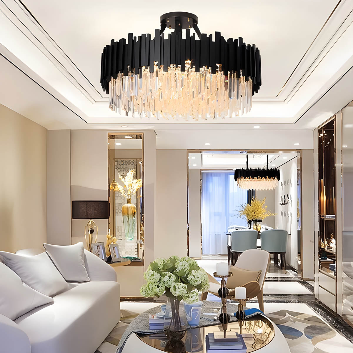 Crystal Prism Semi-Flush LED Chandelier, Gothic Iron Frame — Luxurious Statement Light