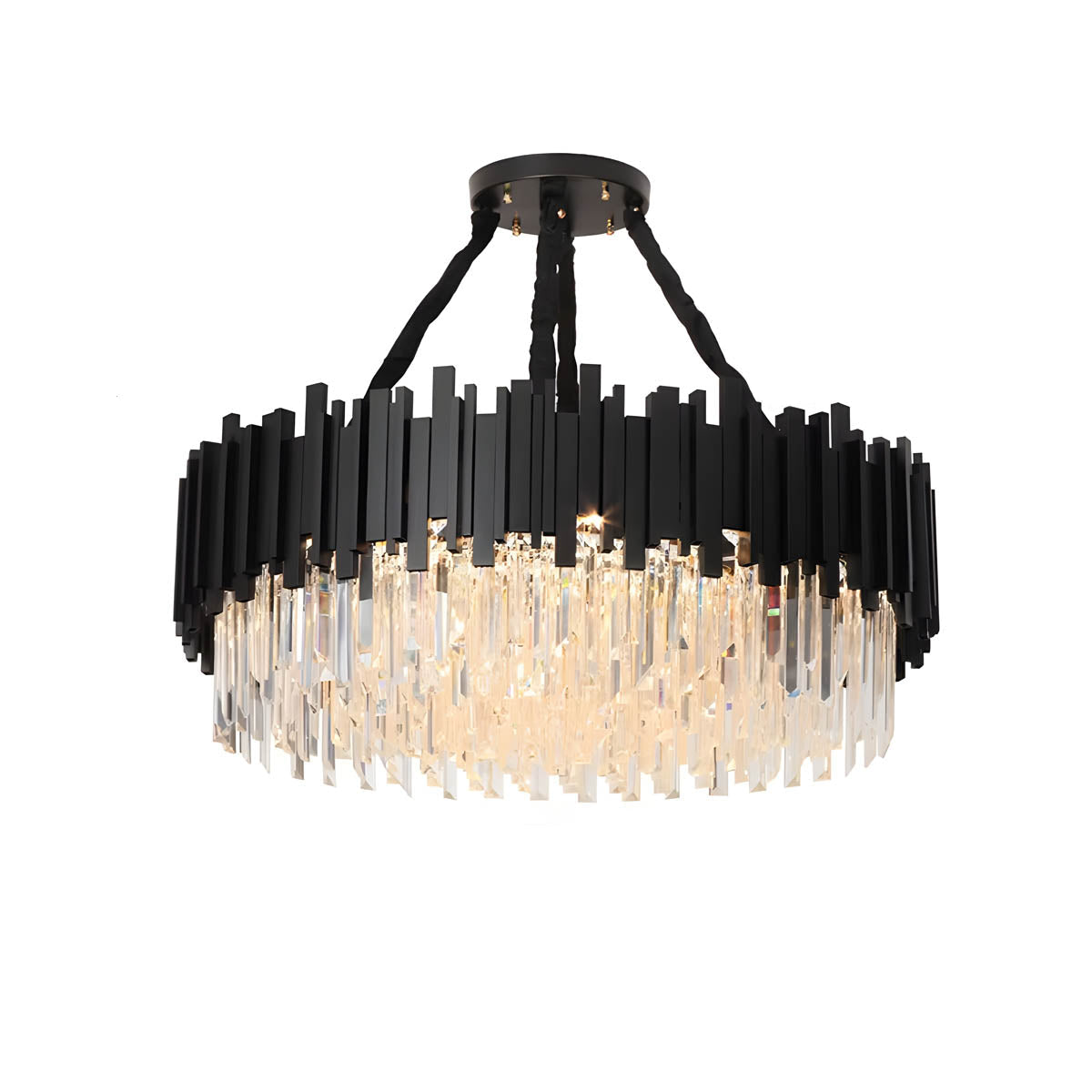Crystal Prism Semi-Flush LED Chandelier, Gothic Iron Frame — Luxurious Statement Light