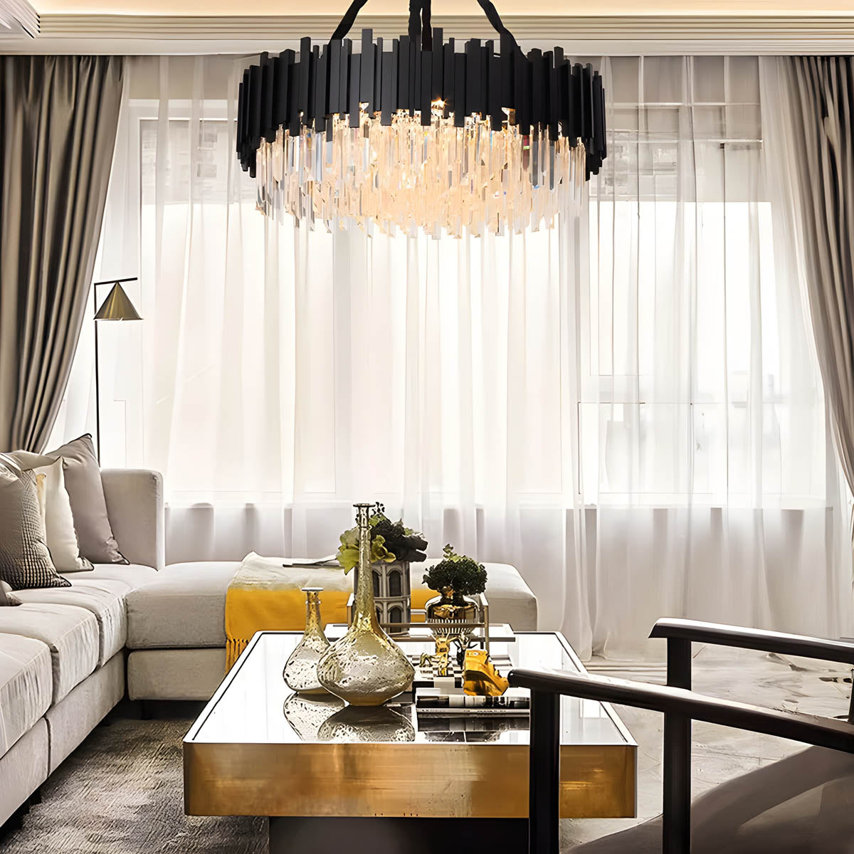 Crystal Prism Semi-Flush LED Chandelier, Gothic Iron Frame — Luxurious Statement Light