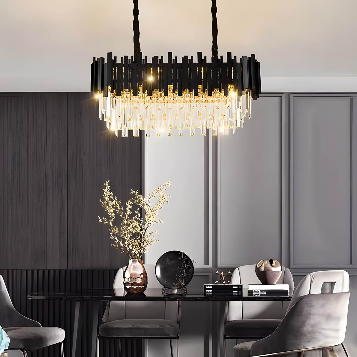 Crystal Prism Semi-Flush LED Chandelier, Gothic Iron Frame — Luxurious Statement Light