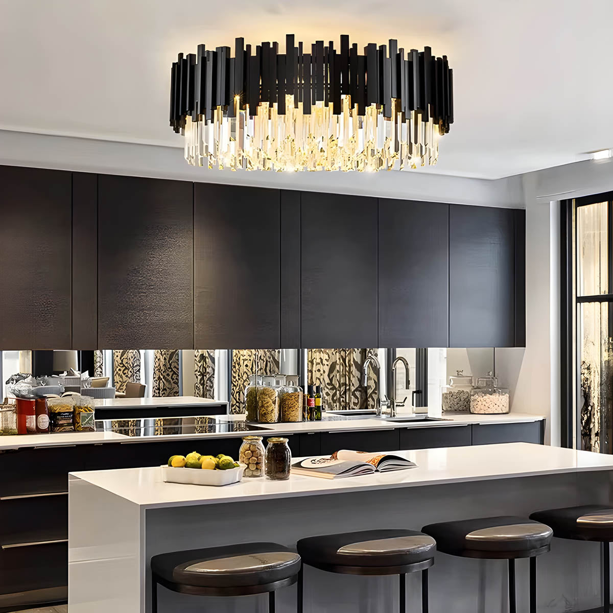 Crystal Prism Semi-Flush LED Chandelier, Gothic Iron Frame — Luxurious Statement Light