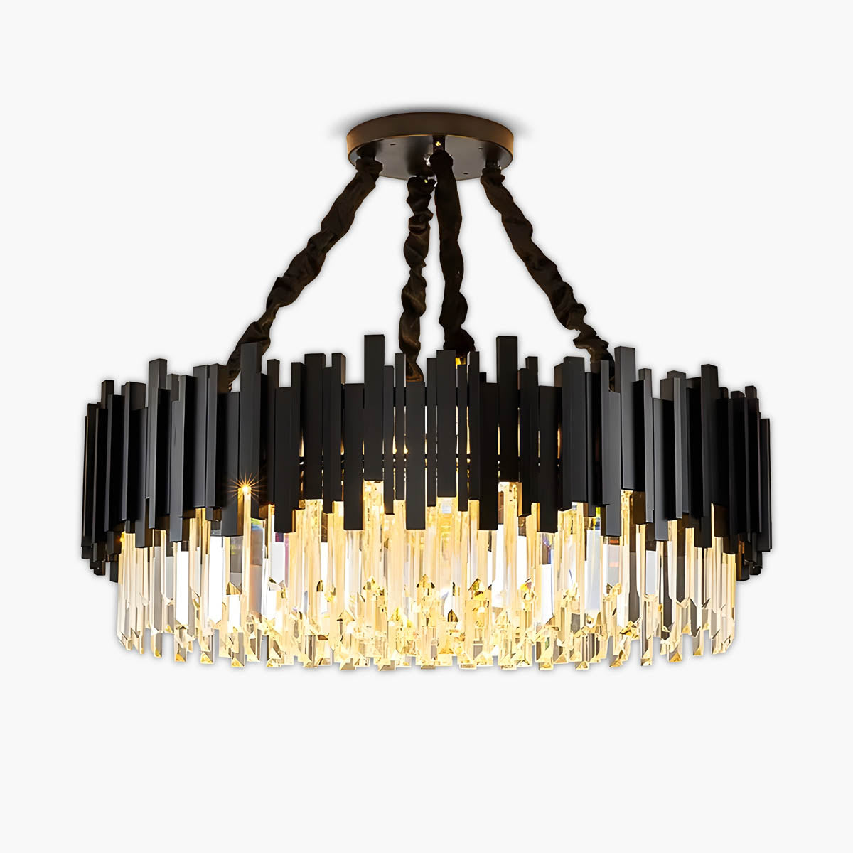 Crystal Prism Semi-Flush LED Chandelier, Gothic Iron Frame — Luxurious Statement Light