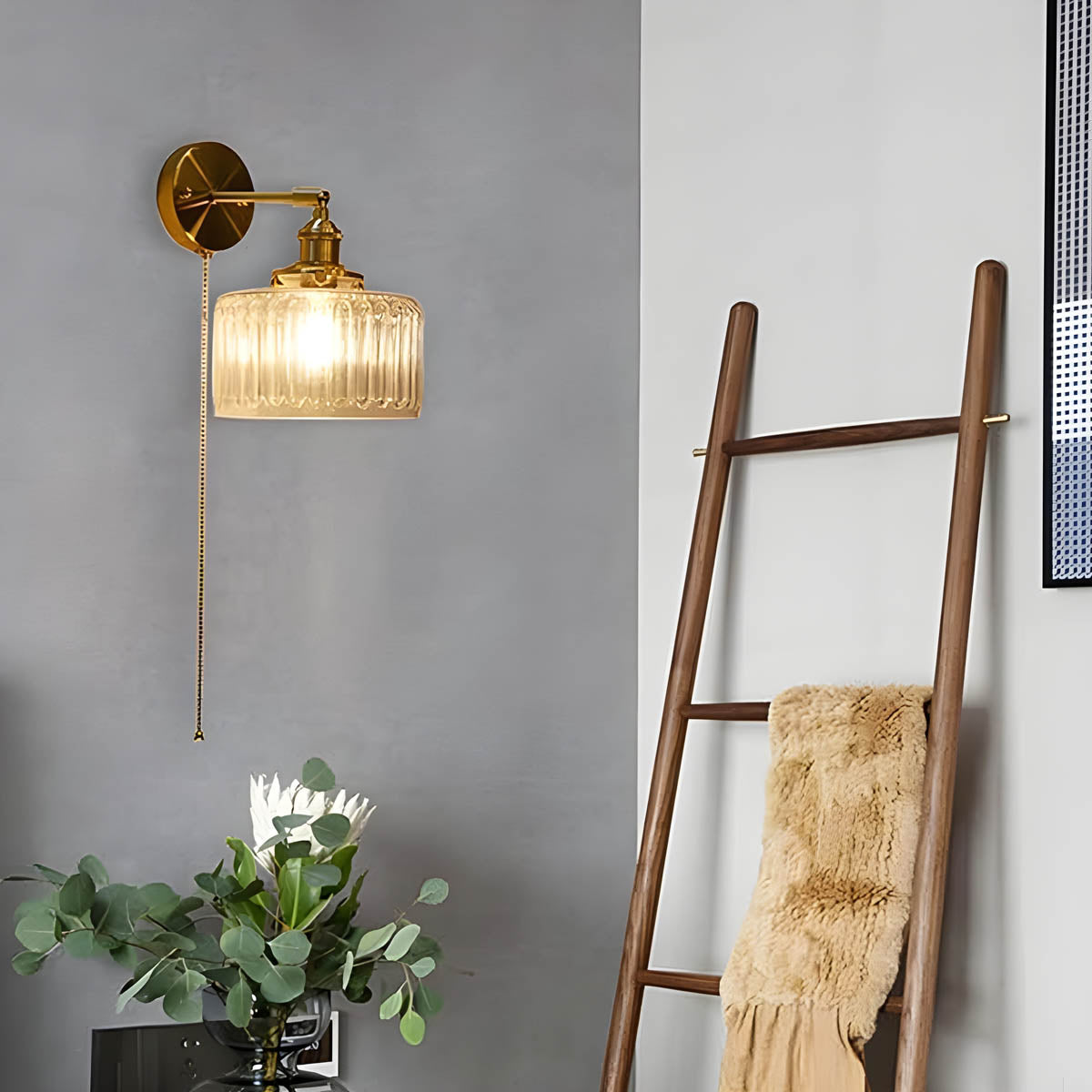 Ribbed Glass Wall Light Gold Finish Indoor Wall Sconce