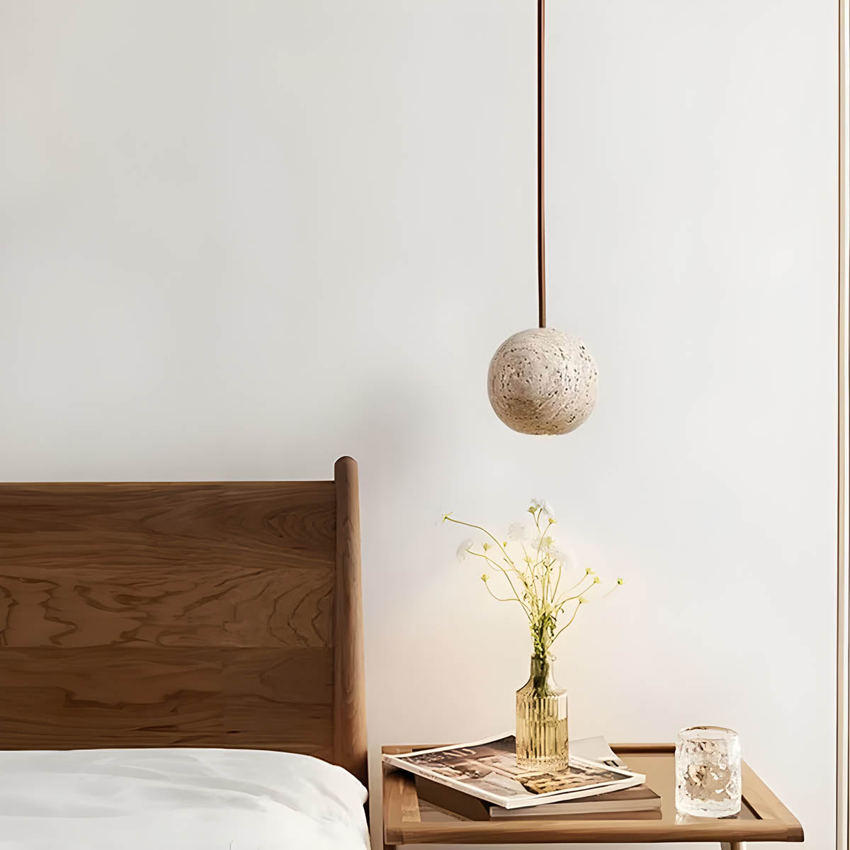 Travertine & wood sphere pendant light