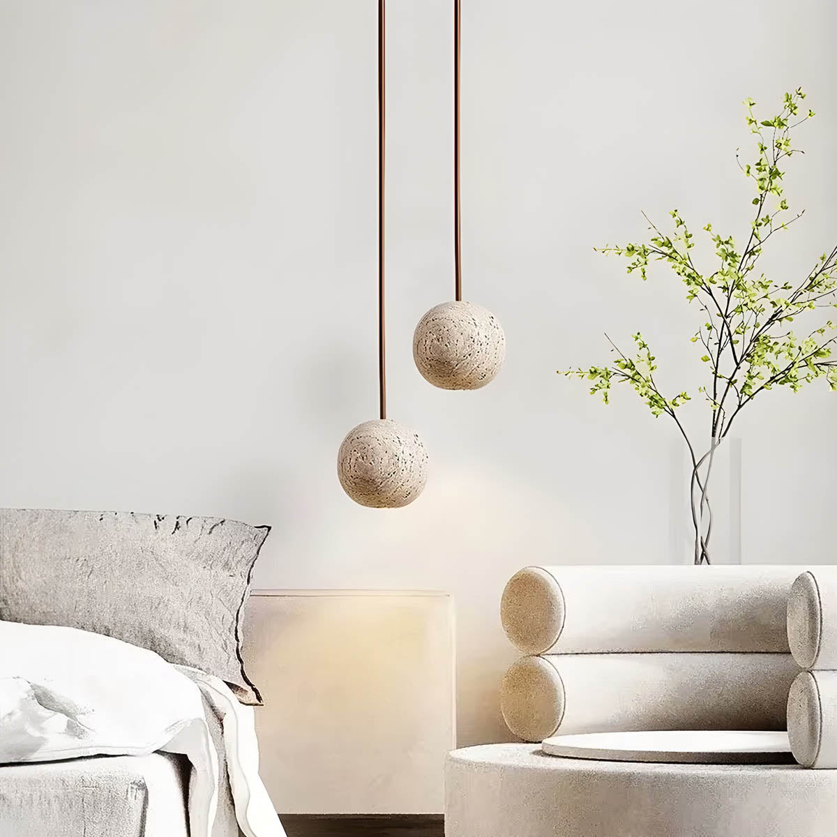 Travertine & wood sphere pendant light