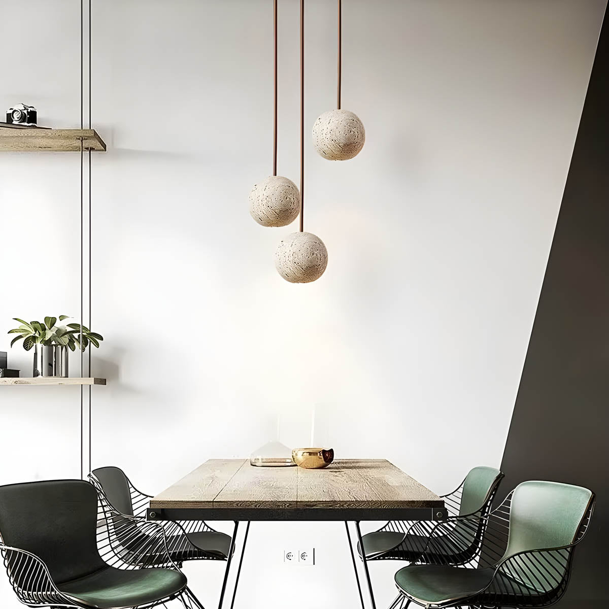 Travertine & wood sphere pendant light