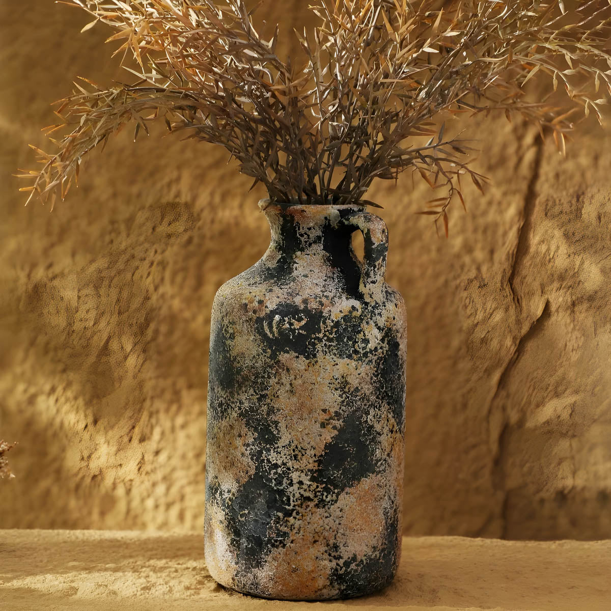 Rustic Weathered Ceramic Vase — Stone Finish Decorative Centrepiece