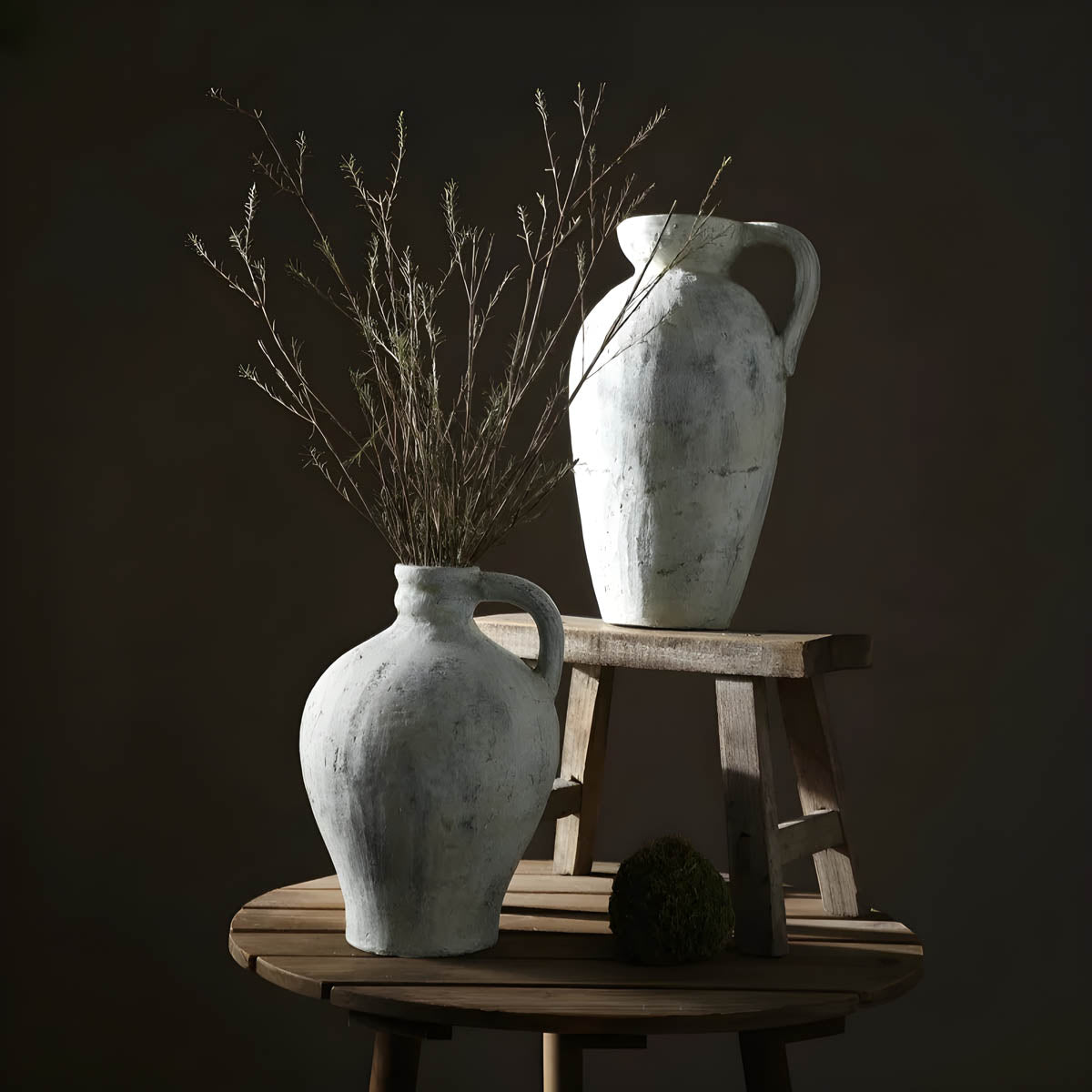 Rustic White Ceramic Vase with Handles — Mediterranean-Inspired Décor Pair
