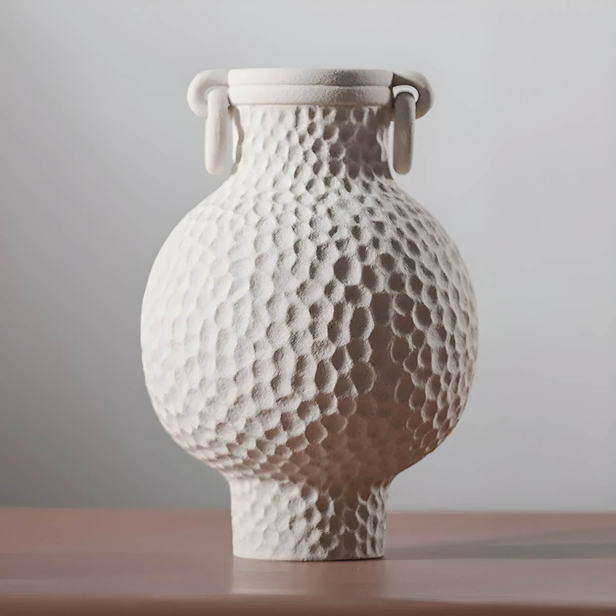 Ceramic Vase with Ring-Handles & Netted Ridges — Sculptural Elegant Accent