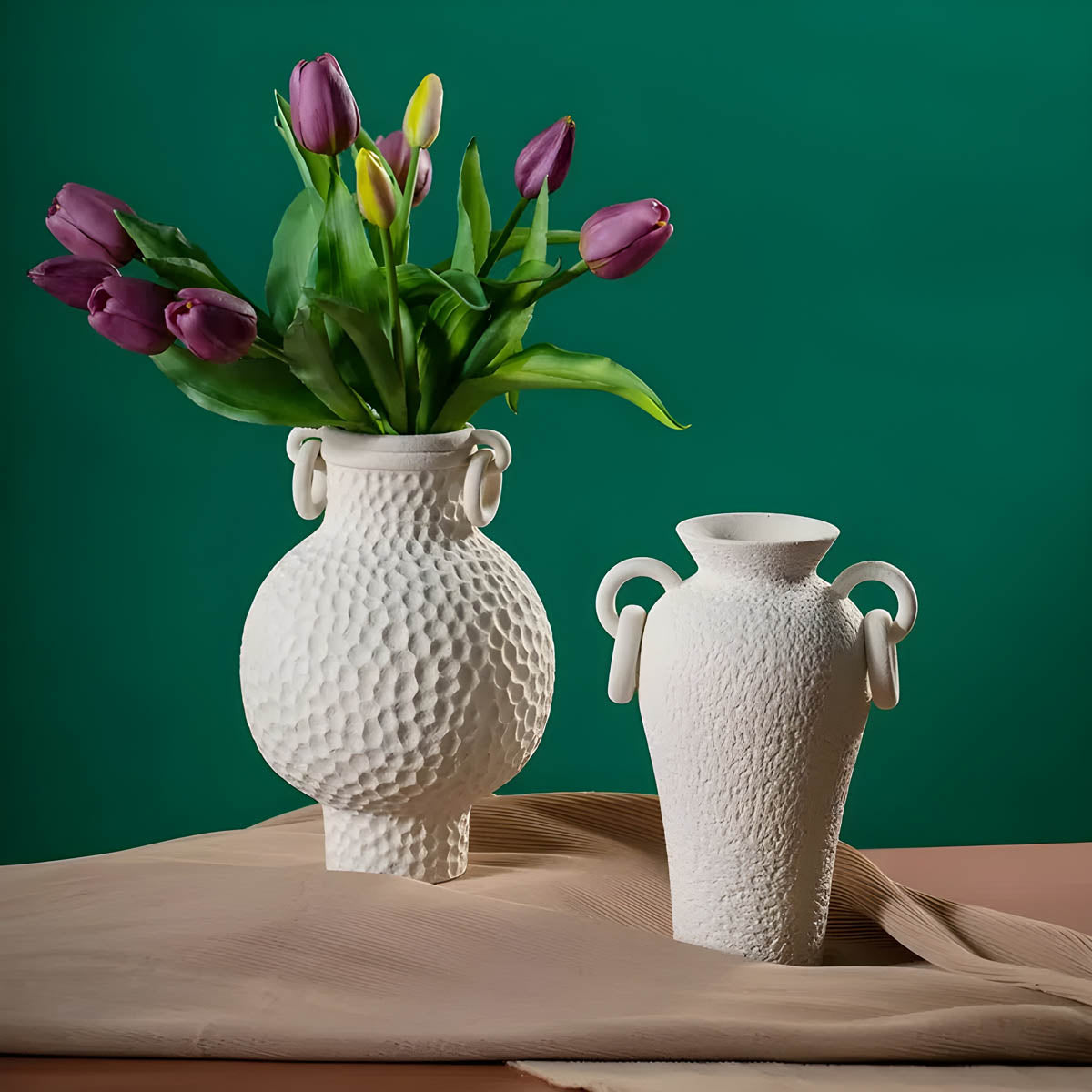 Ceramic Vase with Ring-Handles & Netted Ridges — Sculptural Elegant Accent