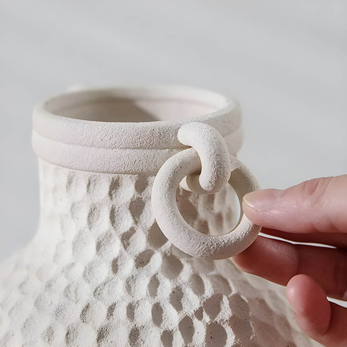 Ceramic Vase with Ring-Handles & Netted Ridges — Sculptural Elegant Accent