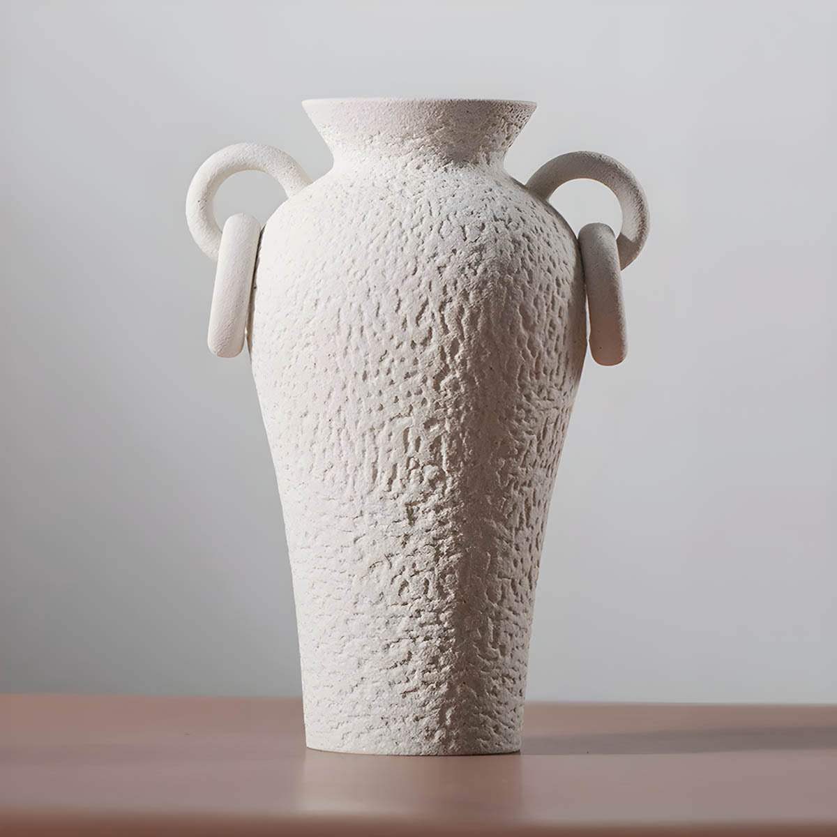 Ceramic Vase with Ring-Handles & Netted Ridges — Sculptural Elegant Accent