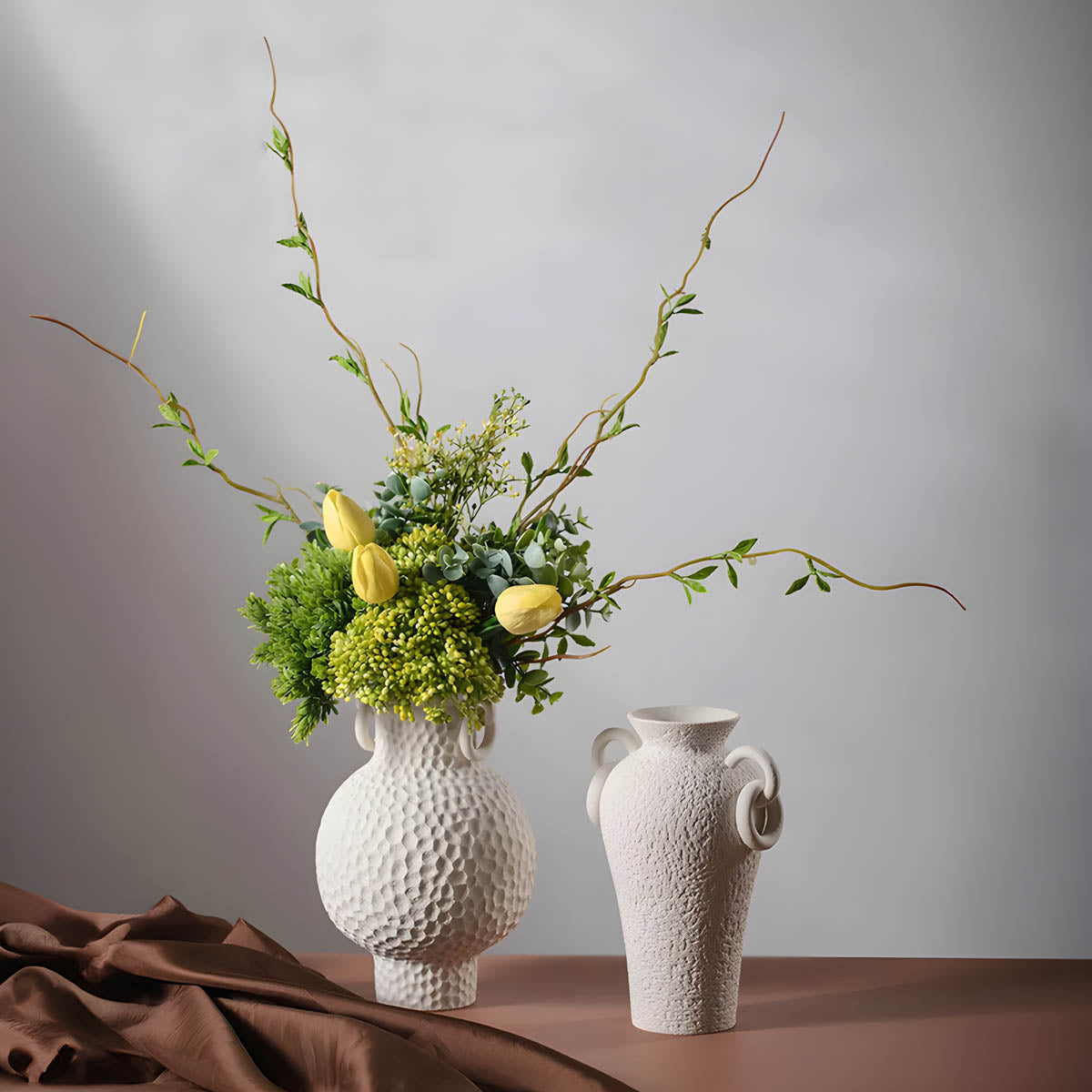 Ceramic Vase with Ring-Handles & Netted Ridges — Sculptural Elegant Accent