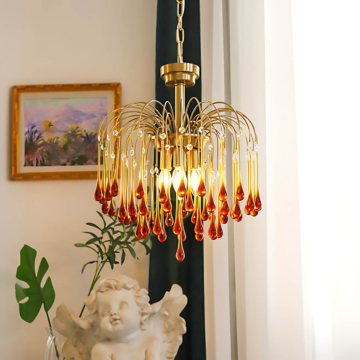 Crystal & Metal Semi-Flush Ruby Chandelier with Teardrop Prisms
