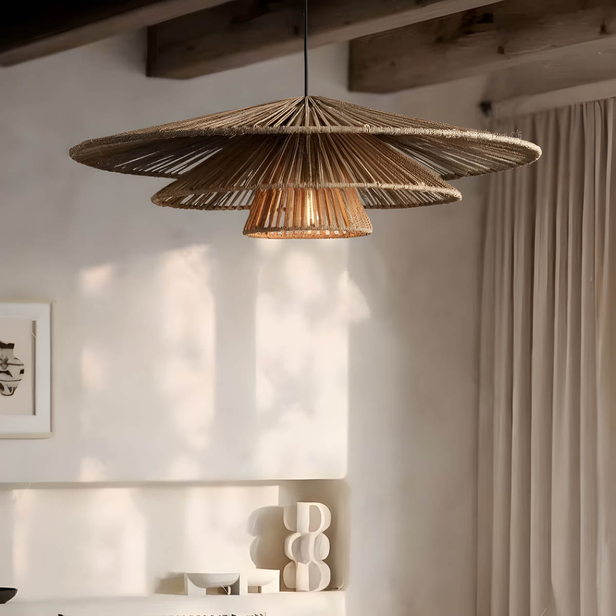 Layered Rattan & Iron Pendant Light