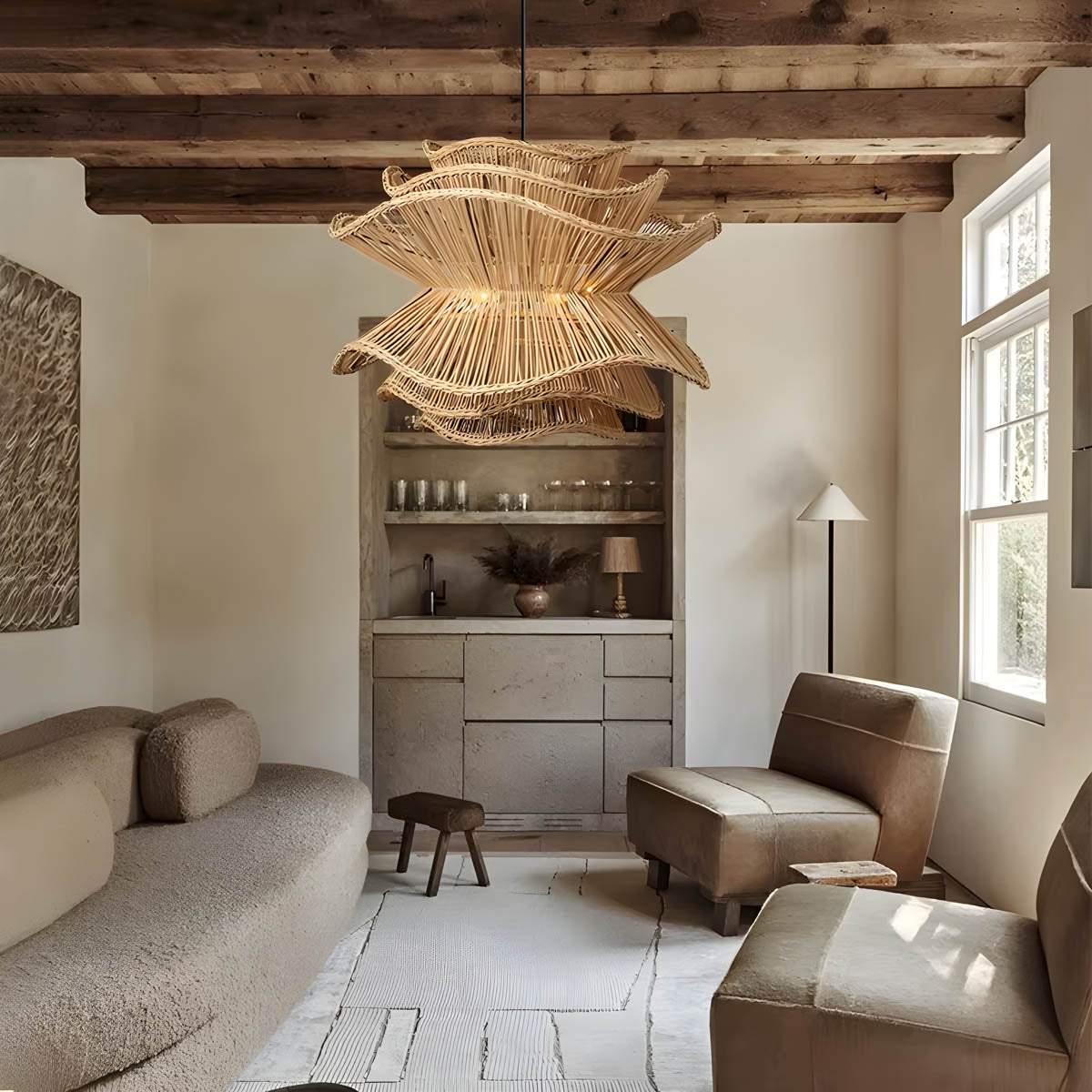 Pendant Light in Woven Rattan & Iron