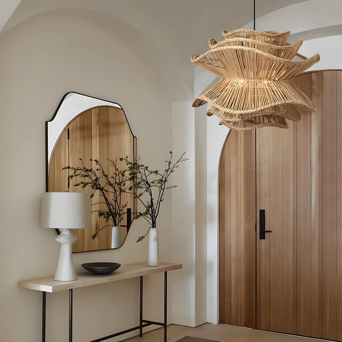 Pendant Light in Woven Rattan & Iron