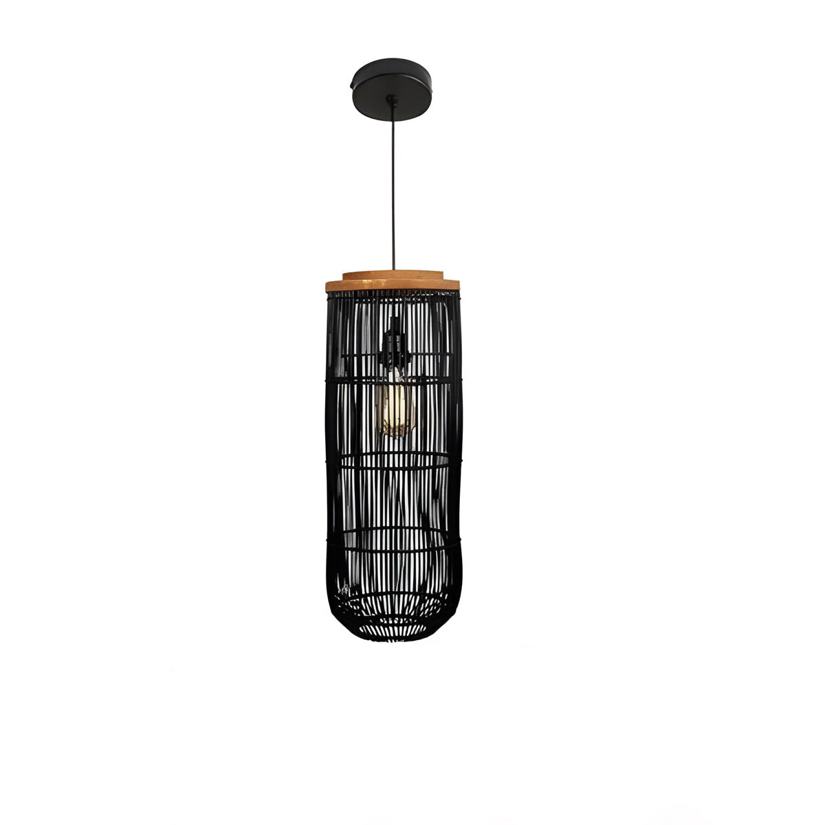Handwoven bamboo lantern pendant, wood & natural