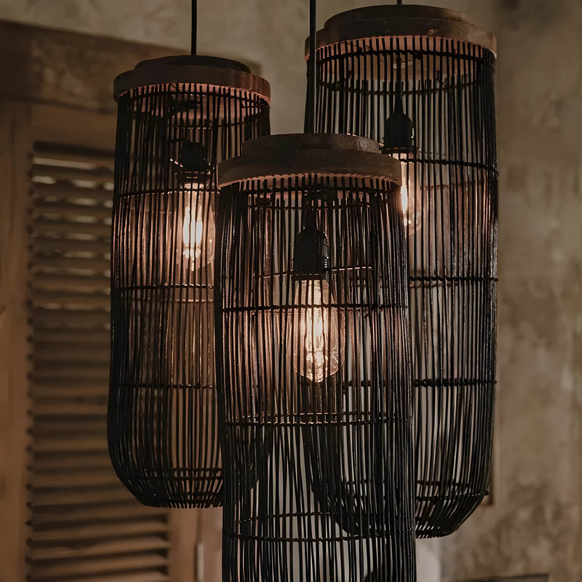 Handwoven bamboo lantern pendant, wood & natural