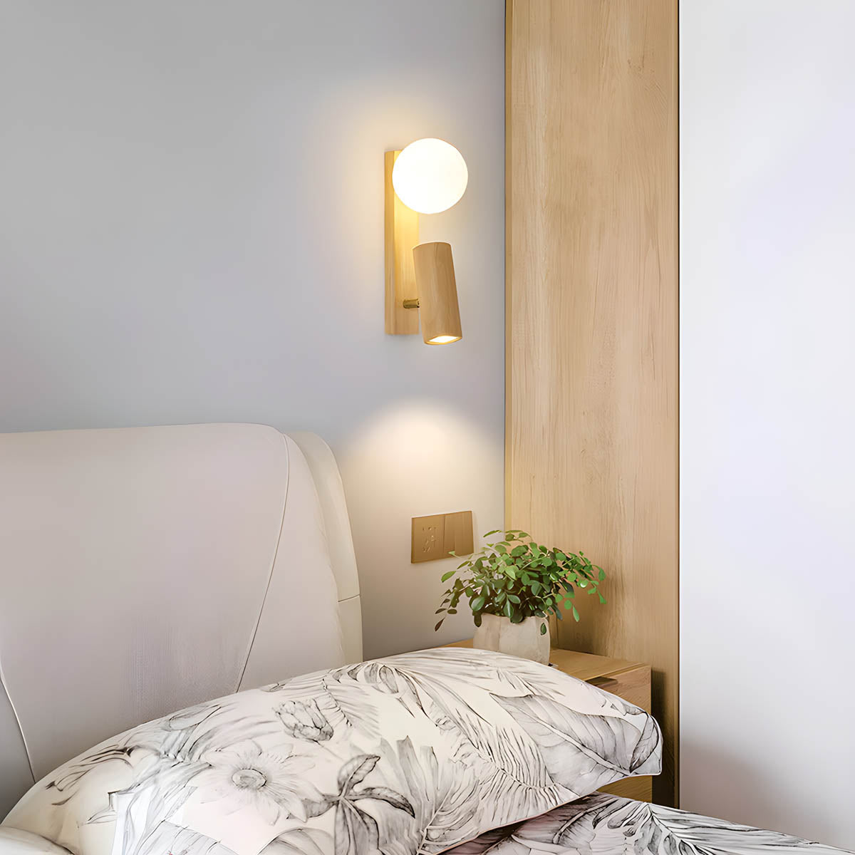 Wall Light with Wood Base & Twin LED Heads