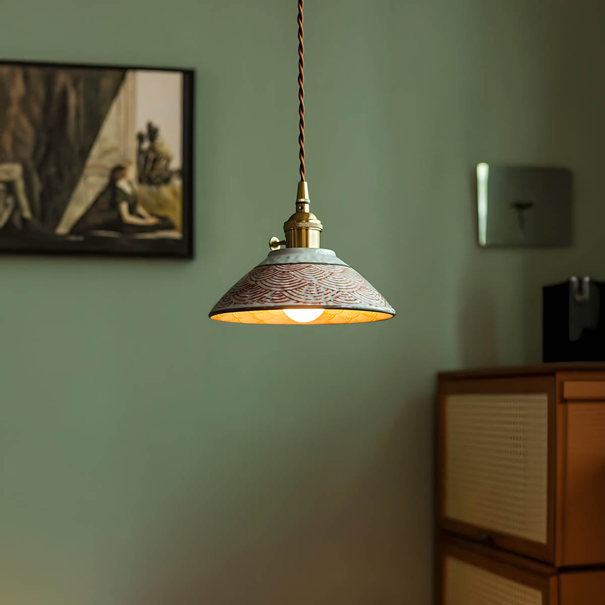 Hand-crafted ceramic & copper pendant light, artisan patterns